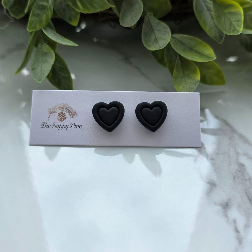 NEW Outlined Black Heart Polymer Clay Stud Earrings